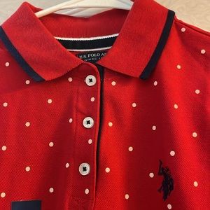 U S Polo Association Red and White Polka Dot Polo, Size XS.  NWOT.